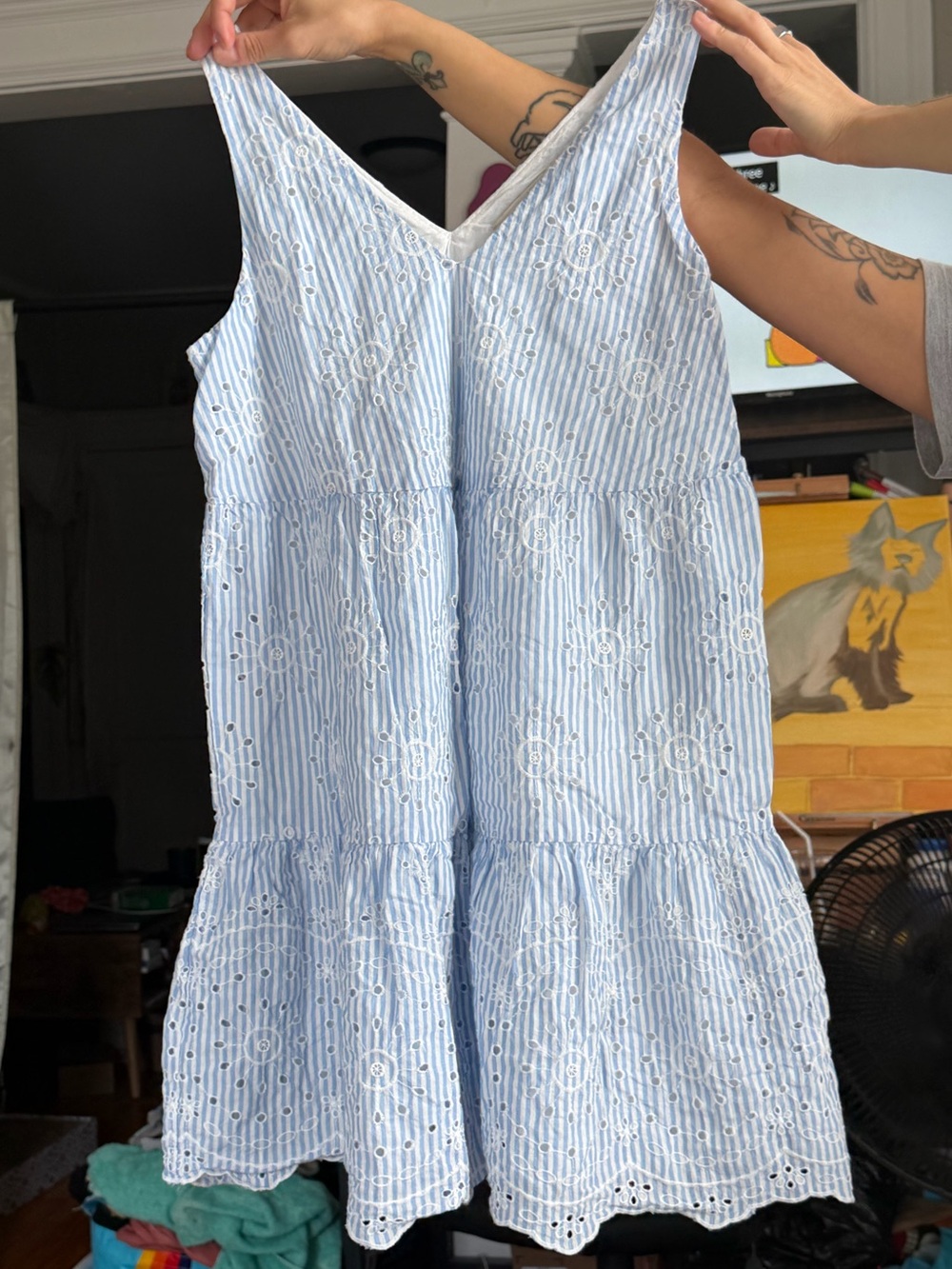 LOFT Petite Blue & White Striped Eyelet Sleeveless Dress XXS Petite